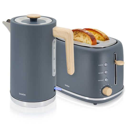 Briebe Nordic Set Tostadora Pan Ranura Ancha 2 Rebanadas + Hervidor Agua Eléctrico 1,7l Inalámbrico, Skt1167gry, Gris_0