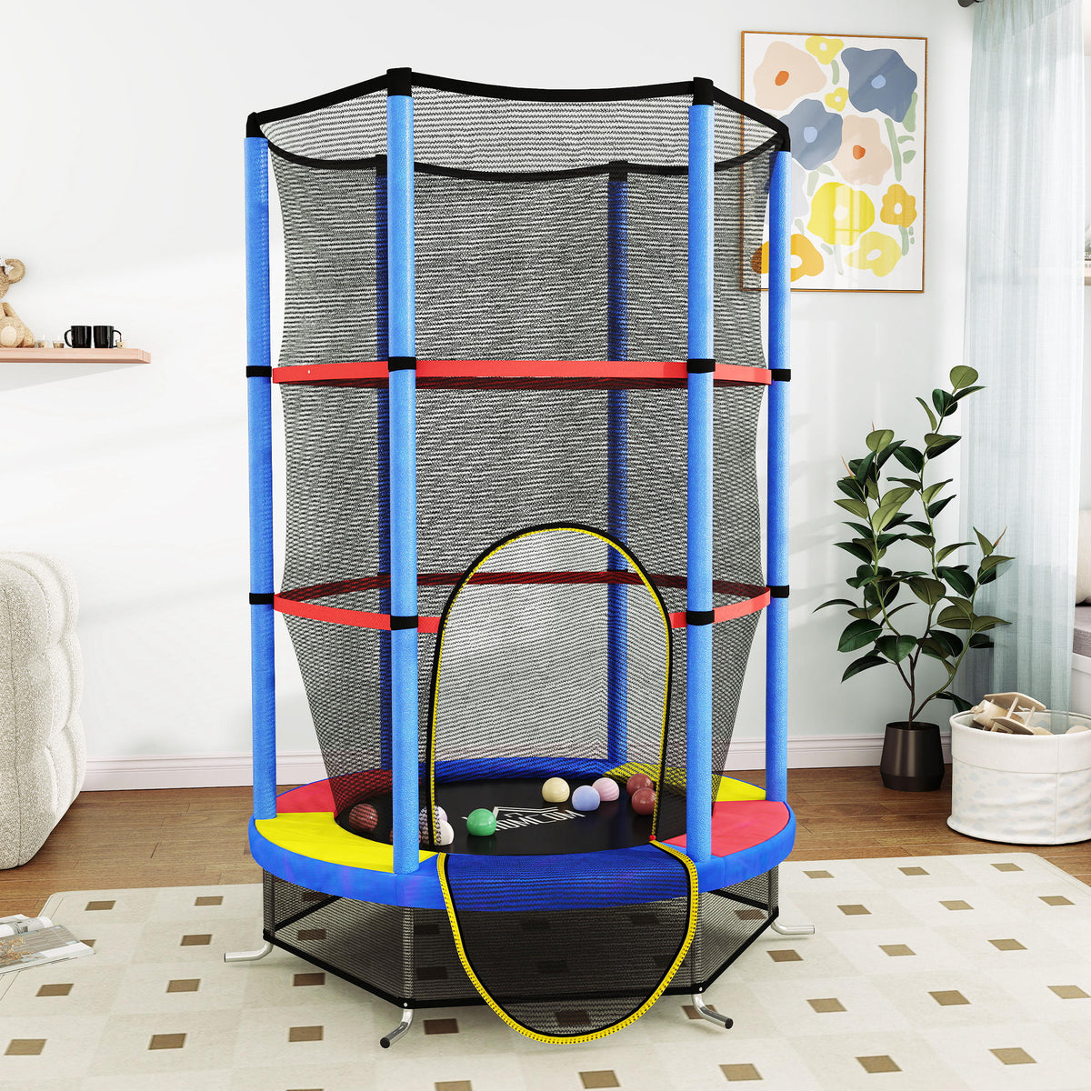 Homcom Cama Elástica Infantil Con Red De Seguridad Ø140x190 Cm Multicolor_1