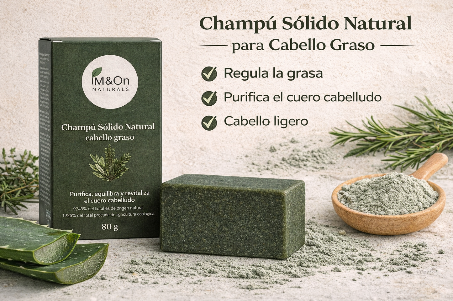 Champú Sólido para Cabello Graso con Aloe Vera, Arcilla Verde y Romero 80 g | M&On Naturals_1