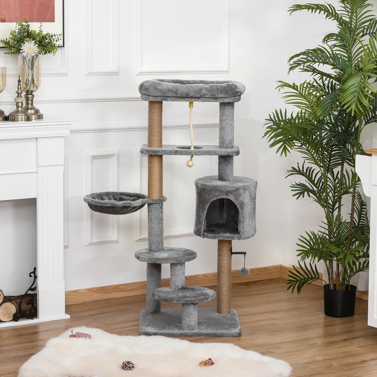 Pawhut Árbol Rascador Para Gatos Altura 120 Cm Plataformas Cueva Hamaca Bola_1