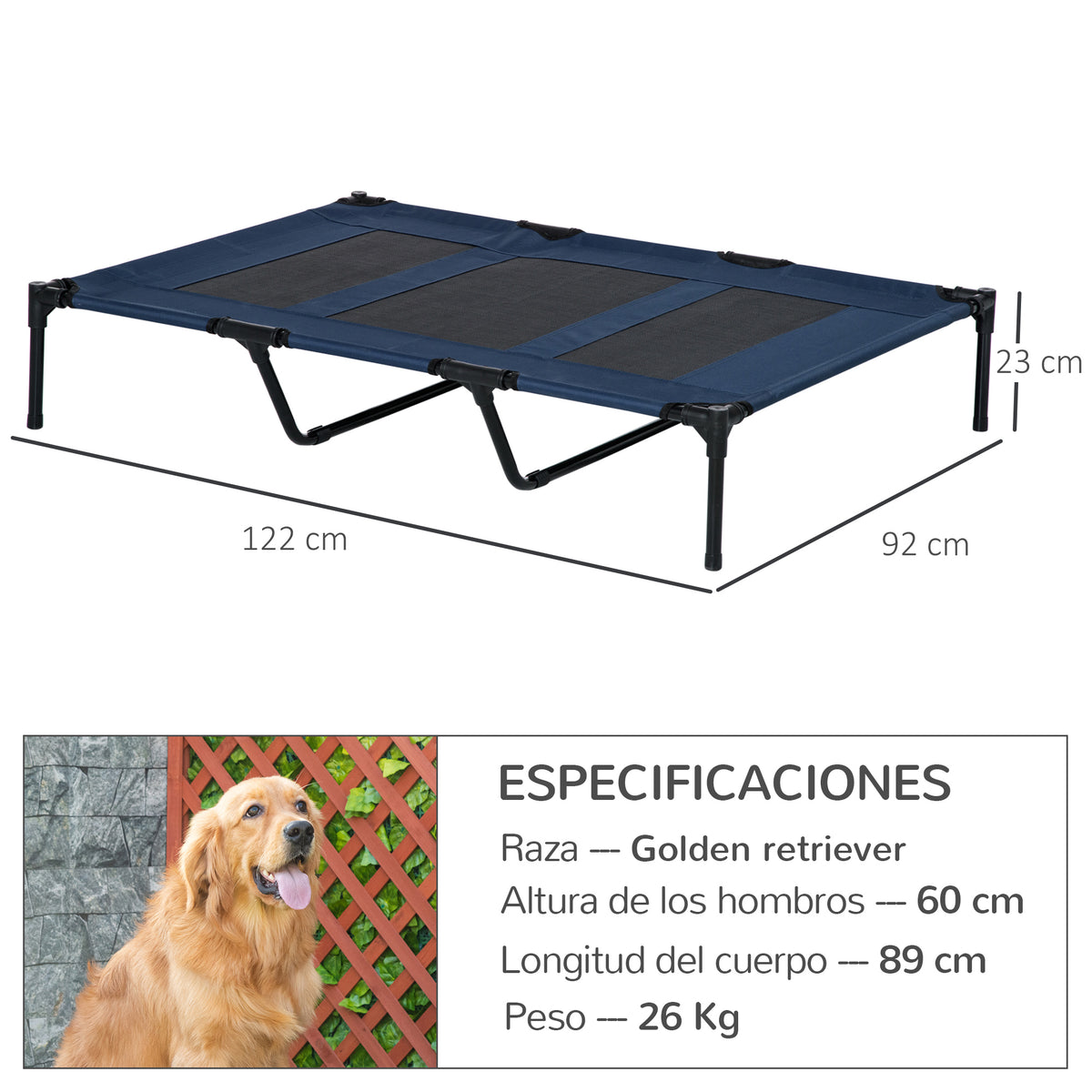 Pawhut Cama Elevada Perros Transpirable Interiores Exteriores 122x92x23 Cm Azul_2