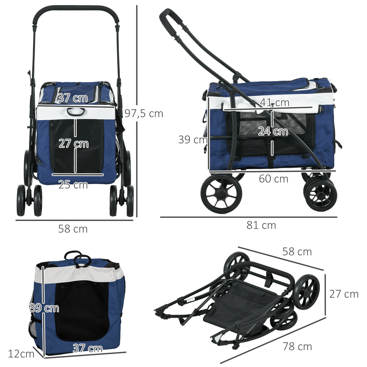 Pawhut Carrito Para Perros Plegable Con Vagón Desmontable Y Cojín Azul_2