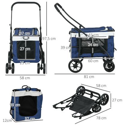 Pawhut Carrito Para Perros Plegable Con Vagón Desmontable Y Cojín Azul_2