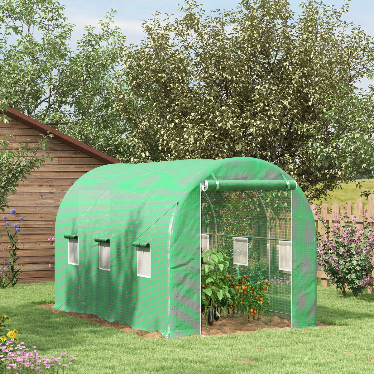 Outsunny Invernadero De Túnel 4x2x2 M Con Puerta Enrollable Y 6 Ventanas Verde_1