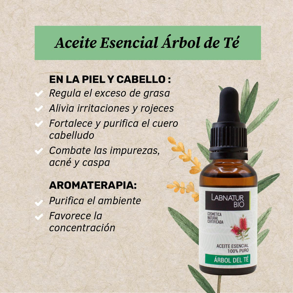 Aceite Esencial de Árbol del Té 100% Puro Labnatur Bio 30 ml | Purificante | Piel, Cabello, Uñas y Pies | Vegano_1