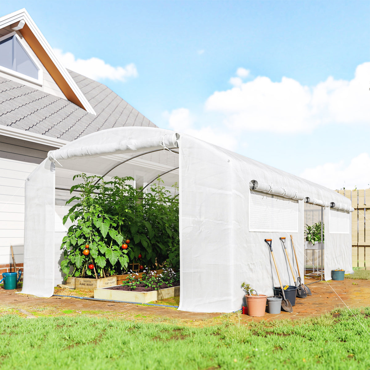 Outsunny Invernadero De Túnel 6x3x2 M Con 3 Puertas Enrollables Ventanas Blanco_1