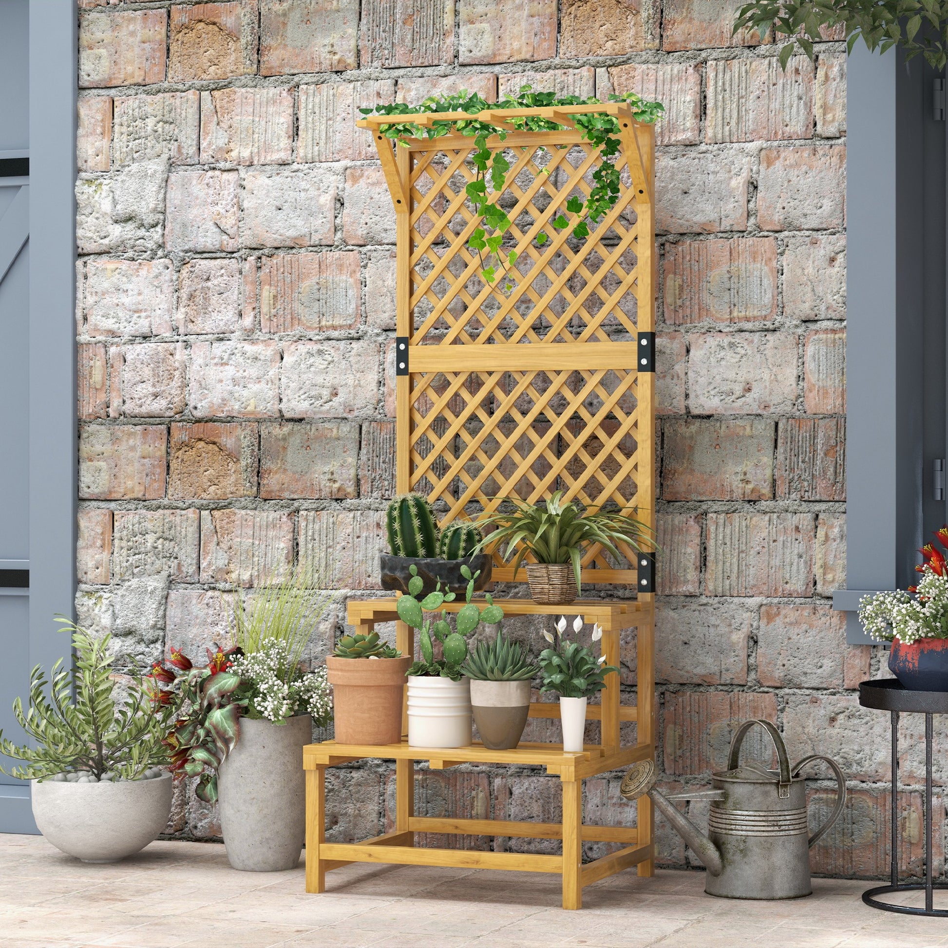 Outsunny Soporte Para Plantas De Madera De 2 Niveles Con Enrejado Natural_1