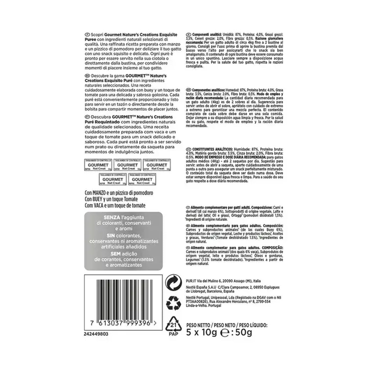 Pack 11 x GOURMET Nature's Creations Exquisito Puré Snack Liquido con Salmón y Zanahoria 5x10g