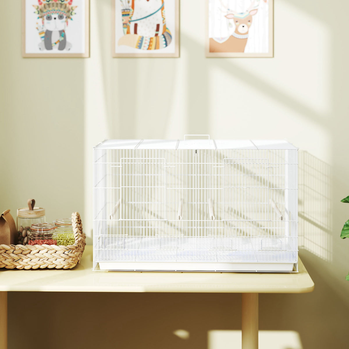 Pawhut Jaula Para Pájaros Con Divisor 4 Comederos 4 Perchas 76x46x46 Cm Blanco_1