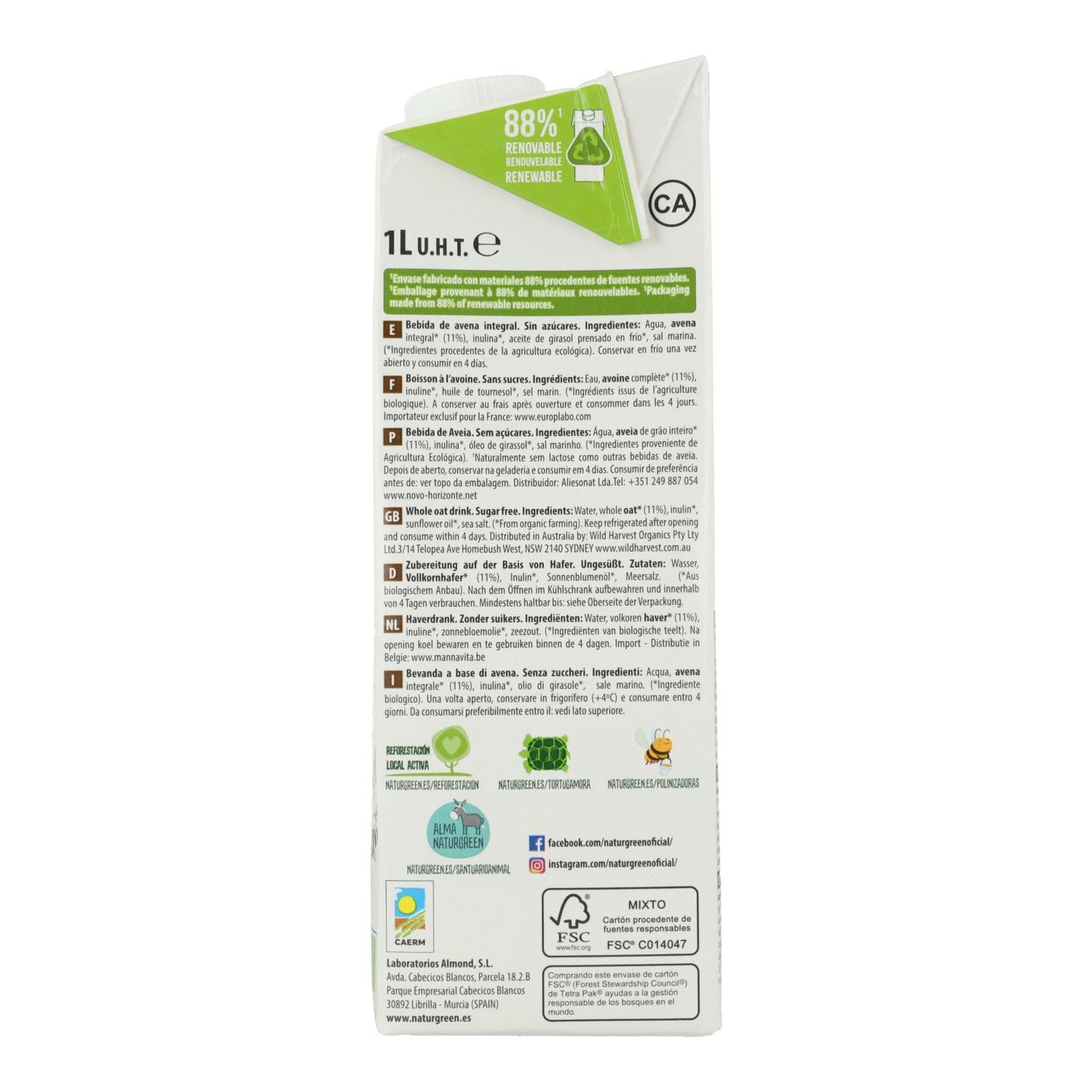 Pack 6 uds Bebida de Avena Integral 0% Azúcares Bio NaturGreen 1 L