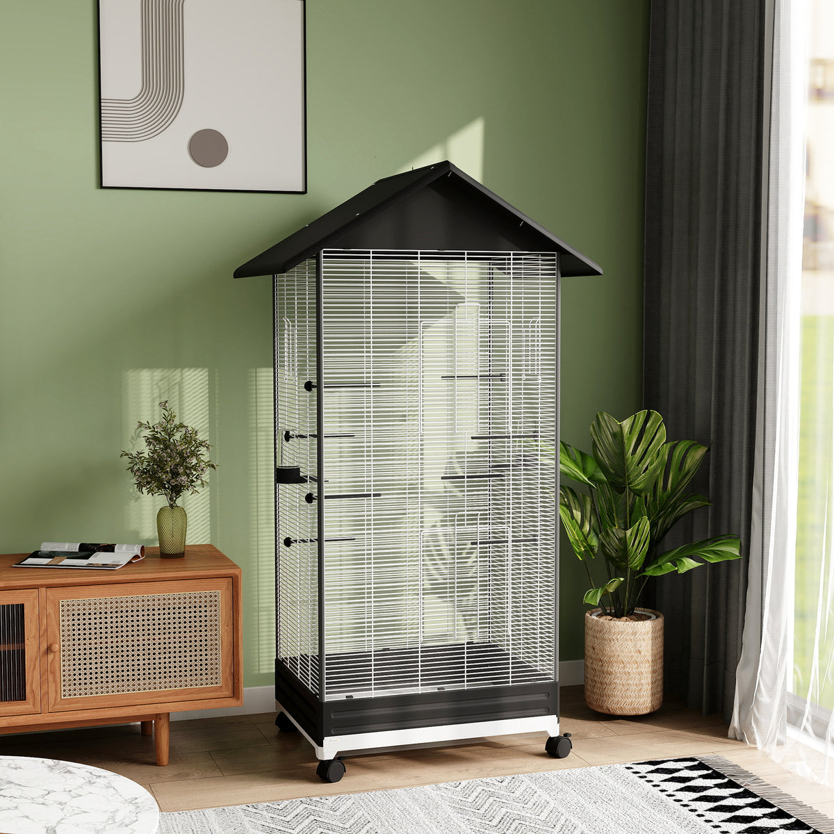 Pawhut Jaula Para Pájaros Con Ruedas Bandeja Extraíble 79x65x155 Cm Negro_1