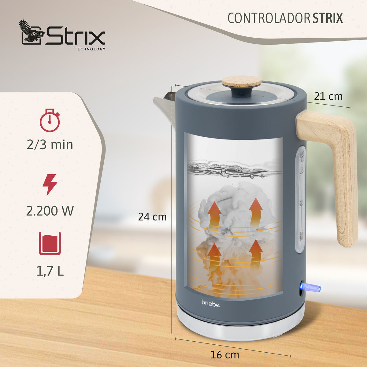 Briebe Nordic Hervidor Agua Eléctrico 1,7l Inalámbrico Ebullición Rápida, Libre De Bpa, Base De 360°, Kt1165gry, Gris_2