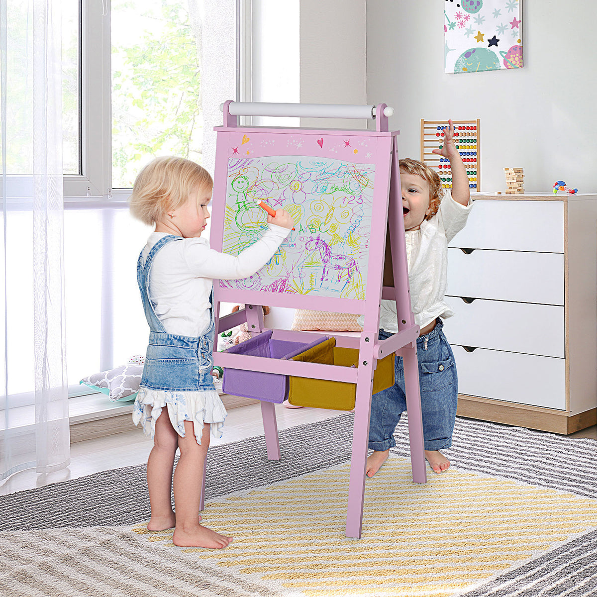 Cavalete Infantil Homcom Mdf, Tecido Não Tecido Rosa 58,5x50,5x118 Cm_1