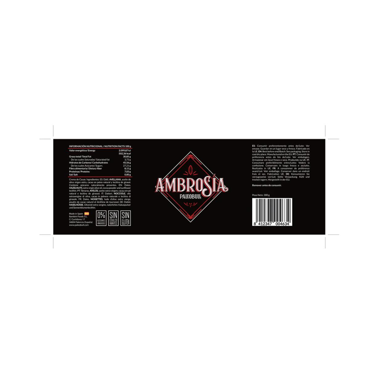 Crema de Cacao y Avellanas saludable Ambrosía Paleobull 300 g