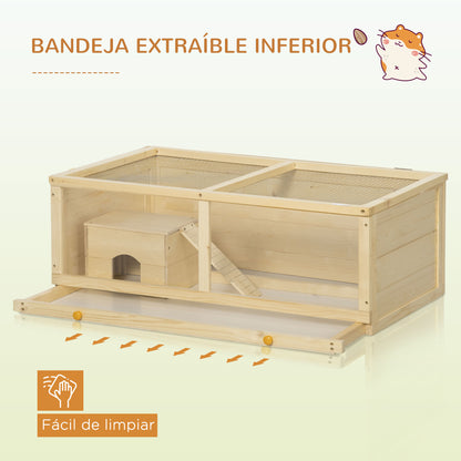 Pawhut Jaula Para Hámster De Madera 100x58x38 Cm Con Tapa Abatible Natural_5