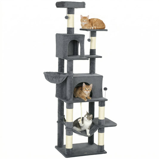Pawhut Árbol Rascador Para Gatos 202 Cm Con Plataformas 2 Camas 2 Cuevas Gris_0
