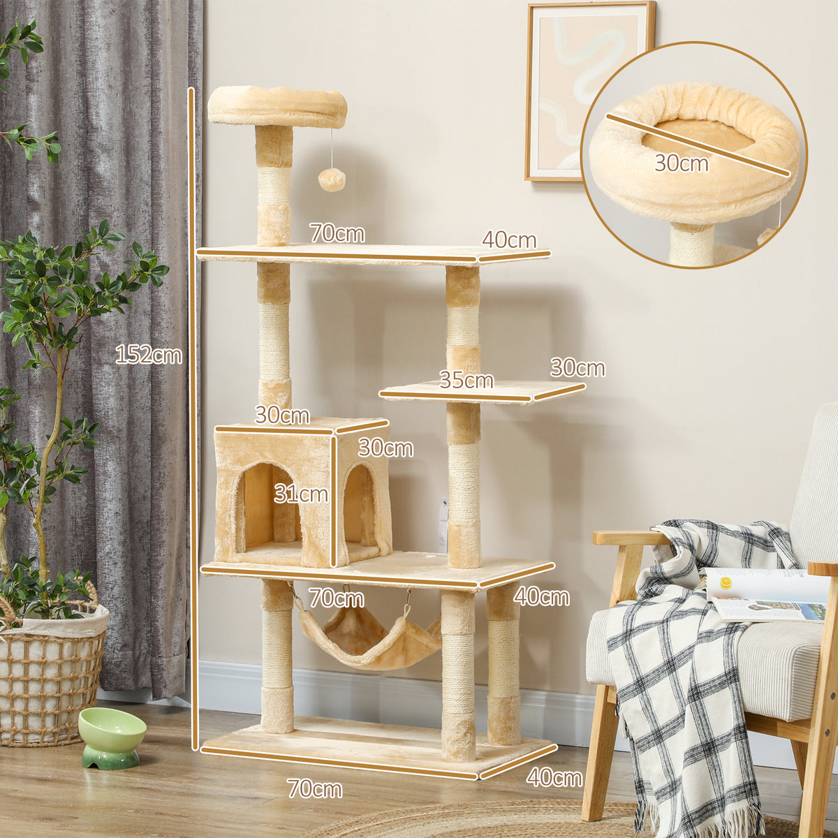 Pawhut Árbol Rascador Para Gatos Grande 70x40x152cm Con Múltiples Plataformas_2