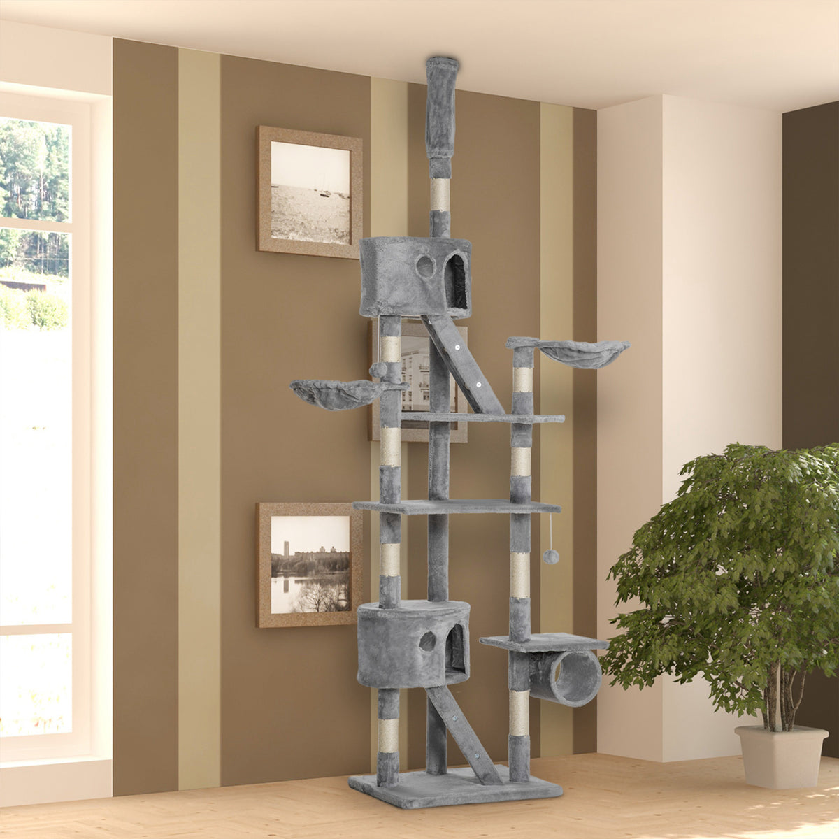 Pawhut Árbol Para Gatos De Suelo A Techo De 240-260 Cm Con Plataformas Gris_1