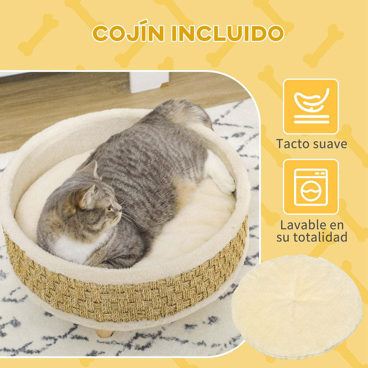 Pawhut Cama Elevada Para Perros Miniaturas Con Cojín Lavable Ø48x24,5 Cm Beige_5