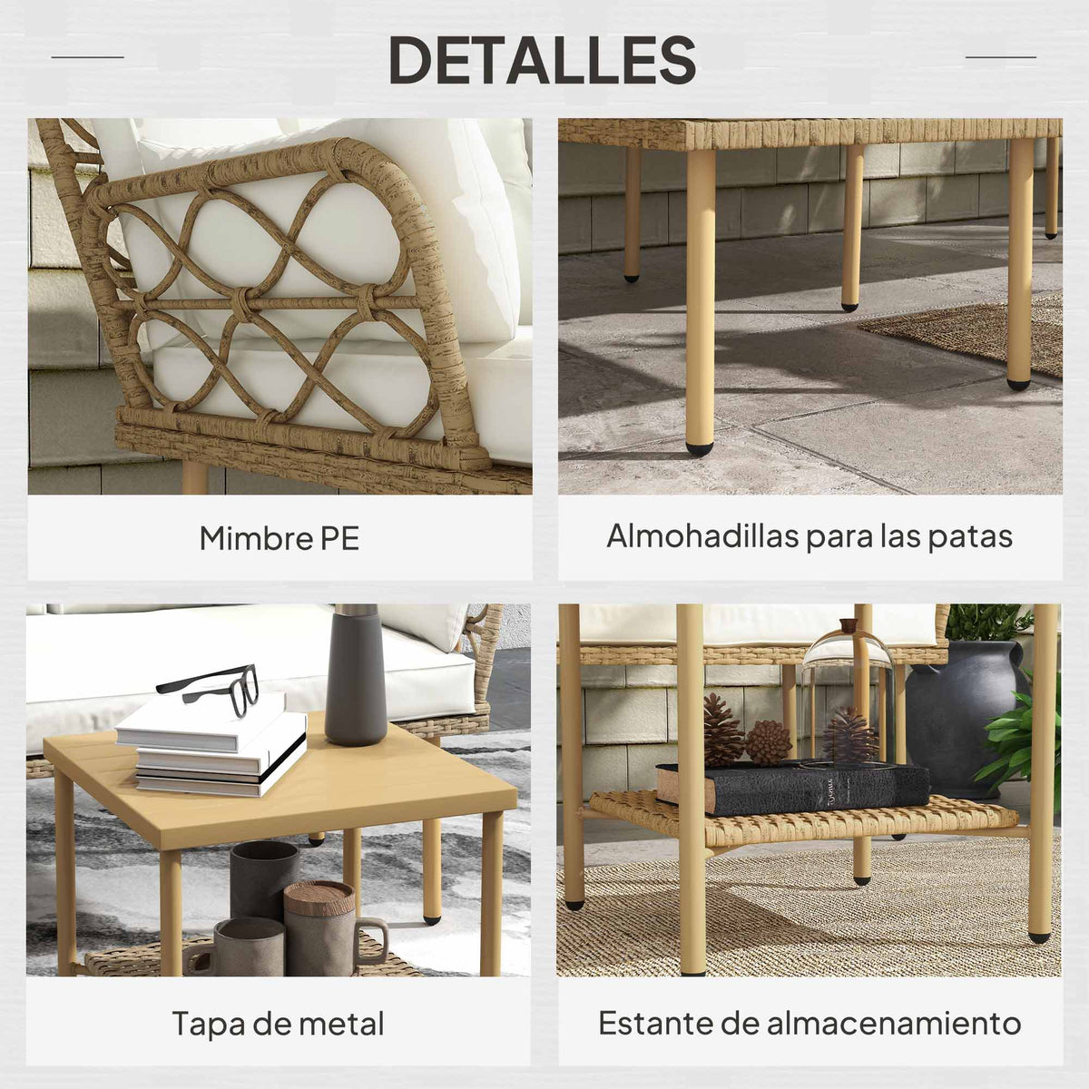 Outsunny Conjunto De Jardín De Ratán Sintético De 3 Piezas Natural Y Crema_5