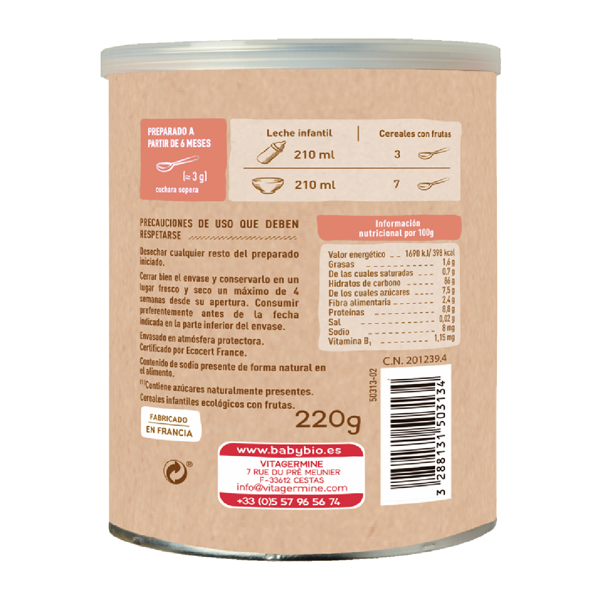 Papilla 5 Cereales con Frutas a partir de 6 meses Babybio 220 g