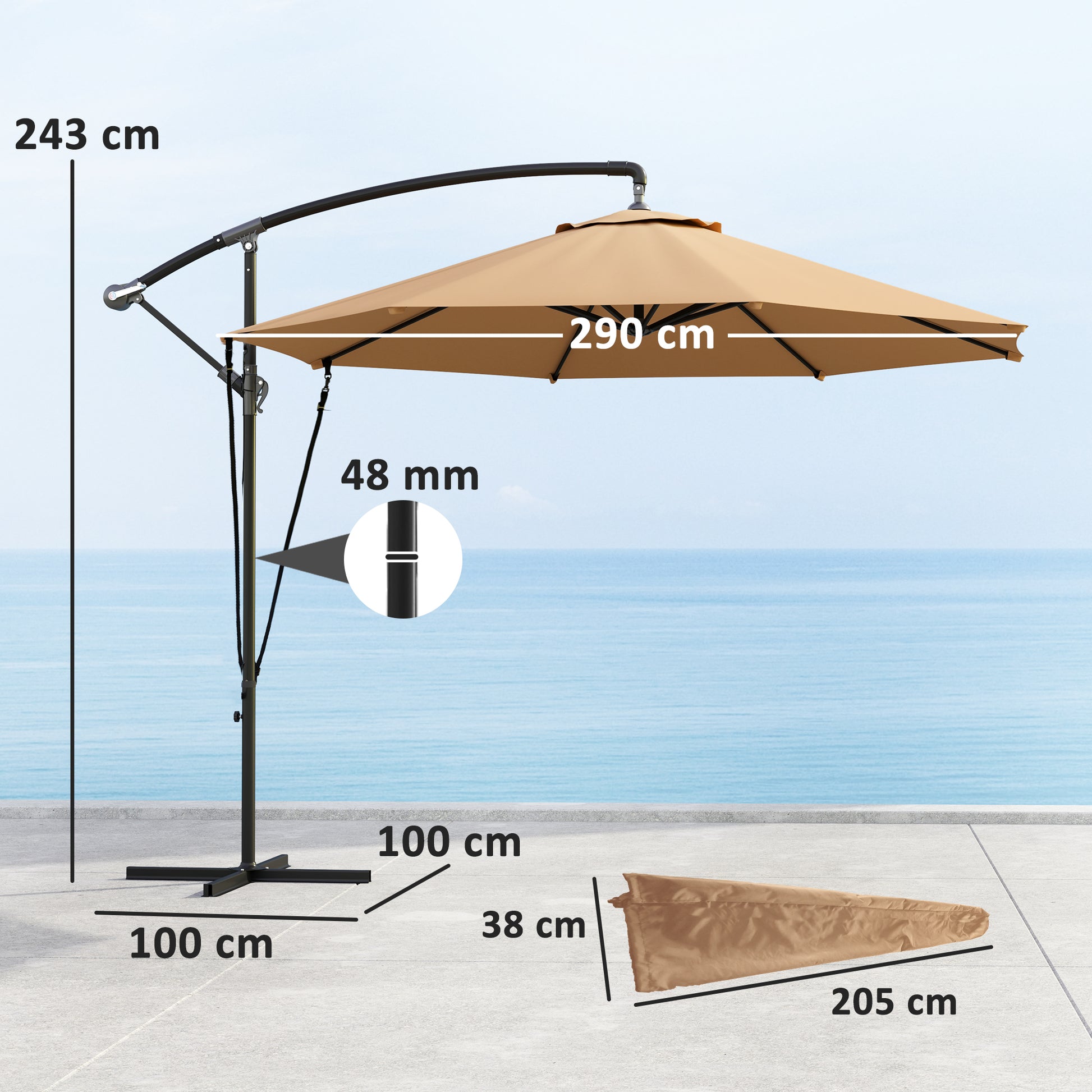 Outsunny Parasol Excéntrico Ø 290 Cm Con Base Cruzada Manivela Anti-uv 50+ Caqui_2