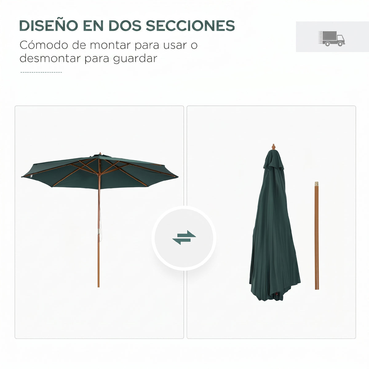 Outsunny Sombrilla Parasol Verde Diámetro 3m Madera Terraza Jardín Piscina_5