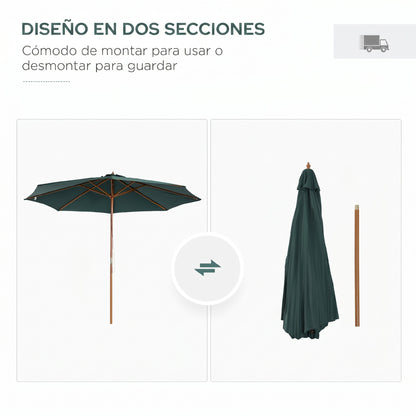 Outsunny Sombrilla Parasol Verde Diámetro 3m Madera Terraza Jardín Piscina_5