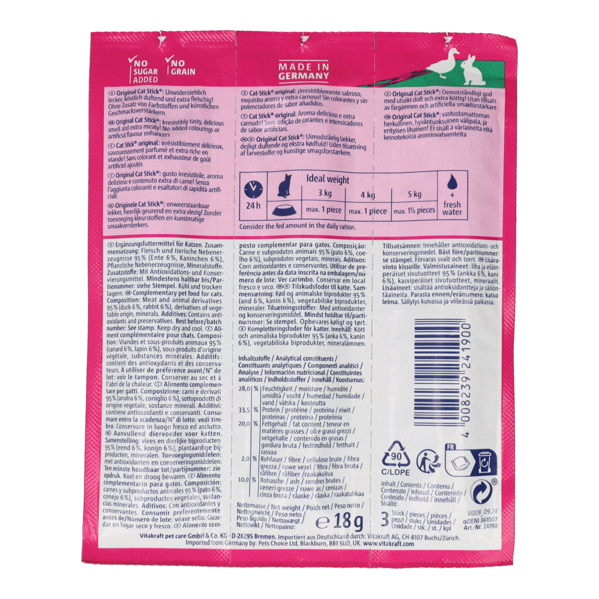 Cat Stick® pato y conejo Vitakraft 18 g (3 uds.)