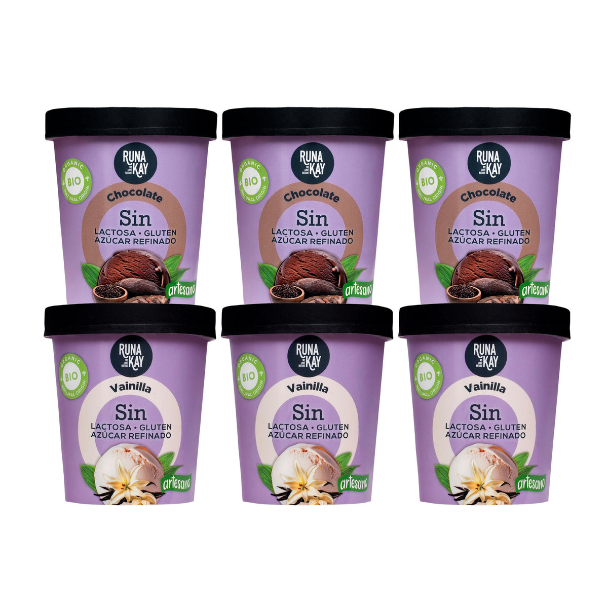 Pack Mix Helados Artesanos Eco Sin Gluten Sin Lactosa Ni Azúcar Refinado Chocolate, Vainilla Runakay 6x460ml/400g_0