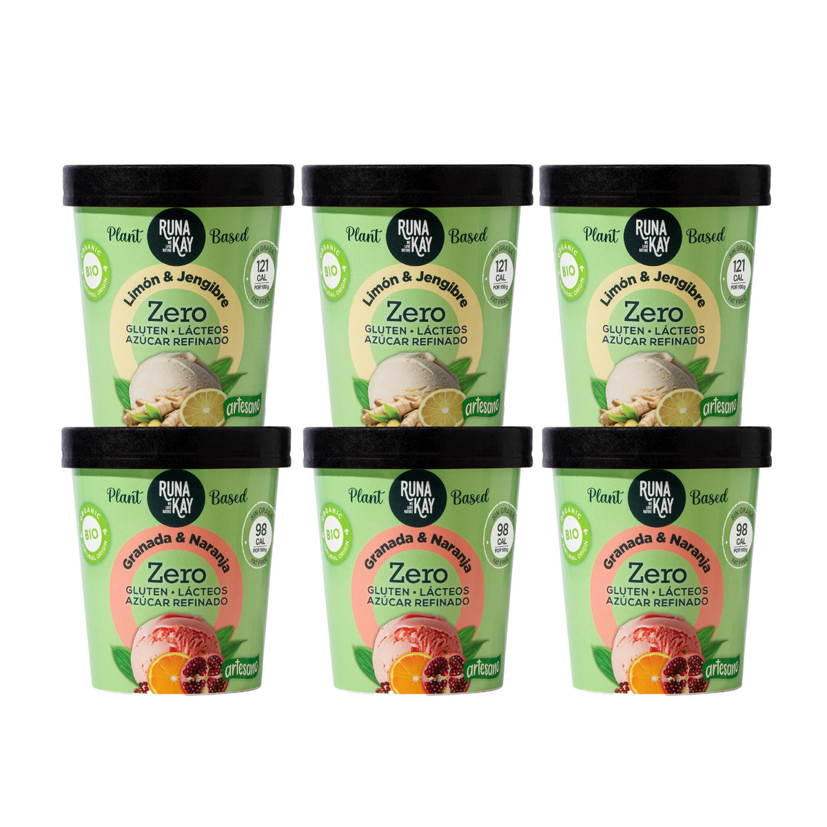 Pack Mix Helado Artesano Eco Sin Gluten Ni Azúcar Refinado Limón&Jengibre Granada&Naranja Runakay 6x460ml/400g_0