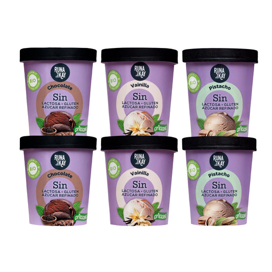 Pack Mix Helado Artesano Eco Sin Gluten Sin Lactosa Ni Azúcar Refinado Chocolate, Pistacho,Vainilla Runakay 6x460ml/400g_0