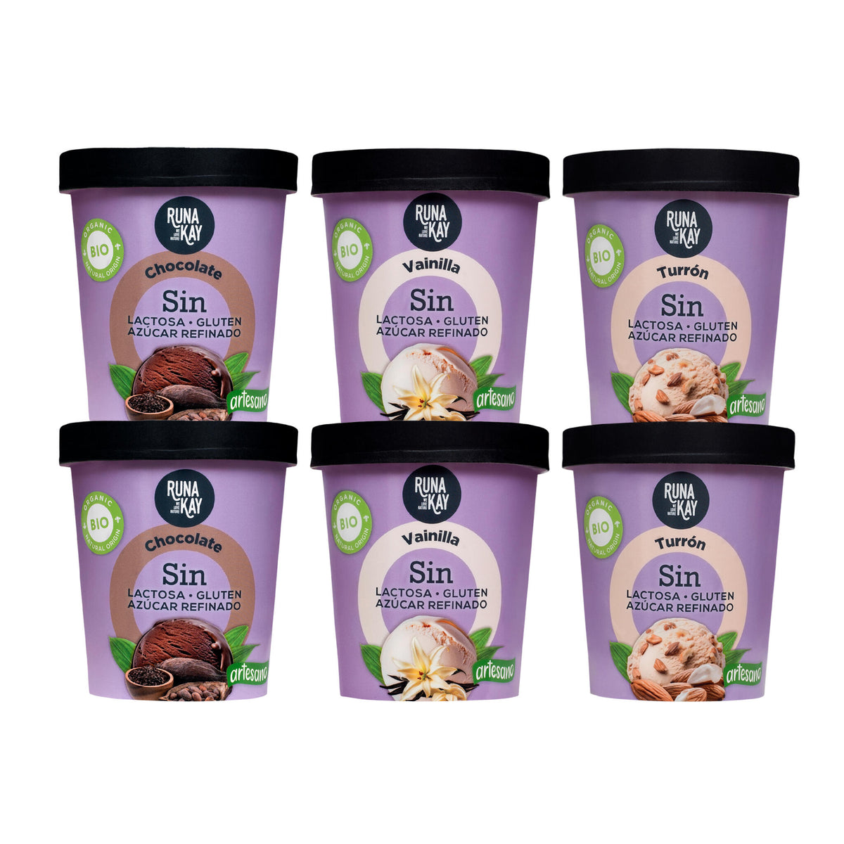 Pack Mix Helado Artesano Eco Sin Gluten Sin Lactosa Ni Azúcar Refinado Chocolate, Vainilla,Turrón Runakay 6x460ml/400g_0