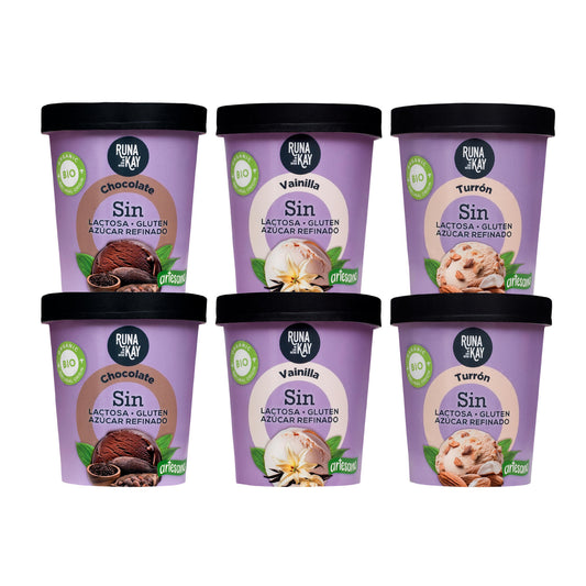 Pack Mix Helado Artesano Eco Sin Gluten Sin Lactosa Ni Azúcar Refinado Chocolate, Vainilla,Turrón Runakay 6x460ml/400g_0