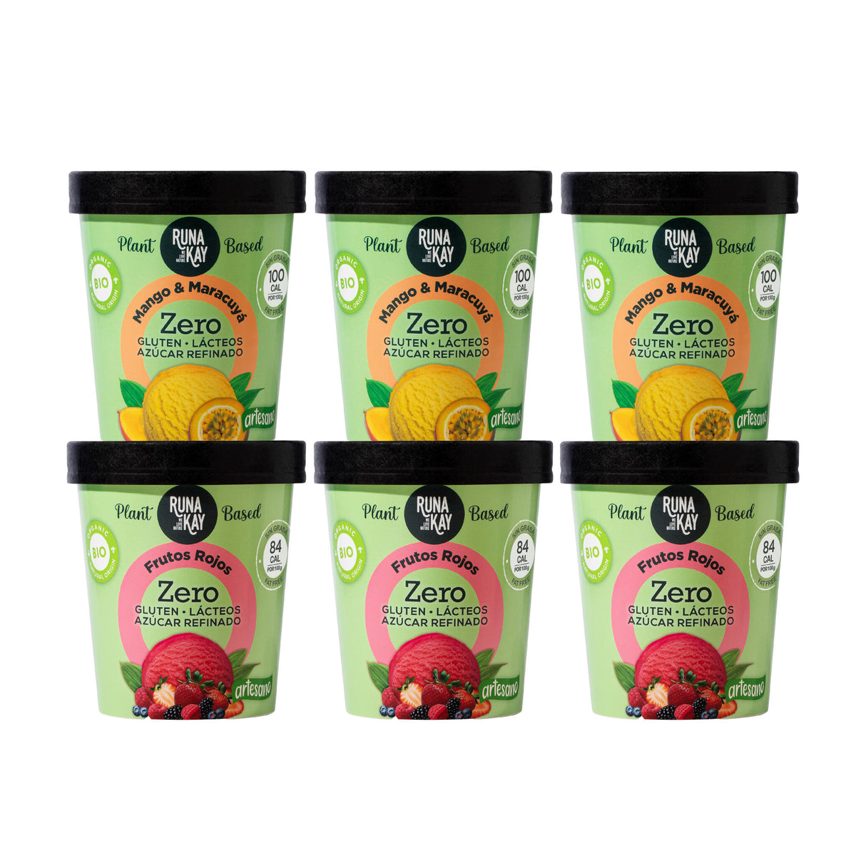Pack Mix Helado Artesano Eco Sin Gluten Ni Azúcar Refinado Mango&Maracuyá Frutos Rojos Runakay 6x460ml/400g_0