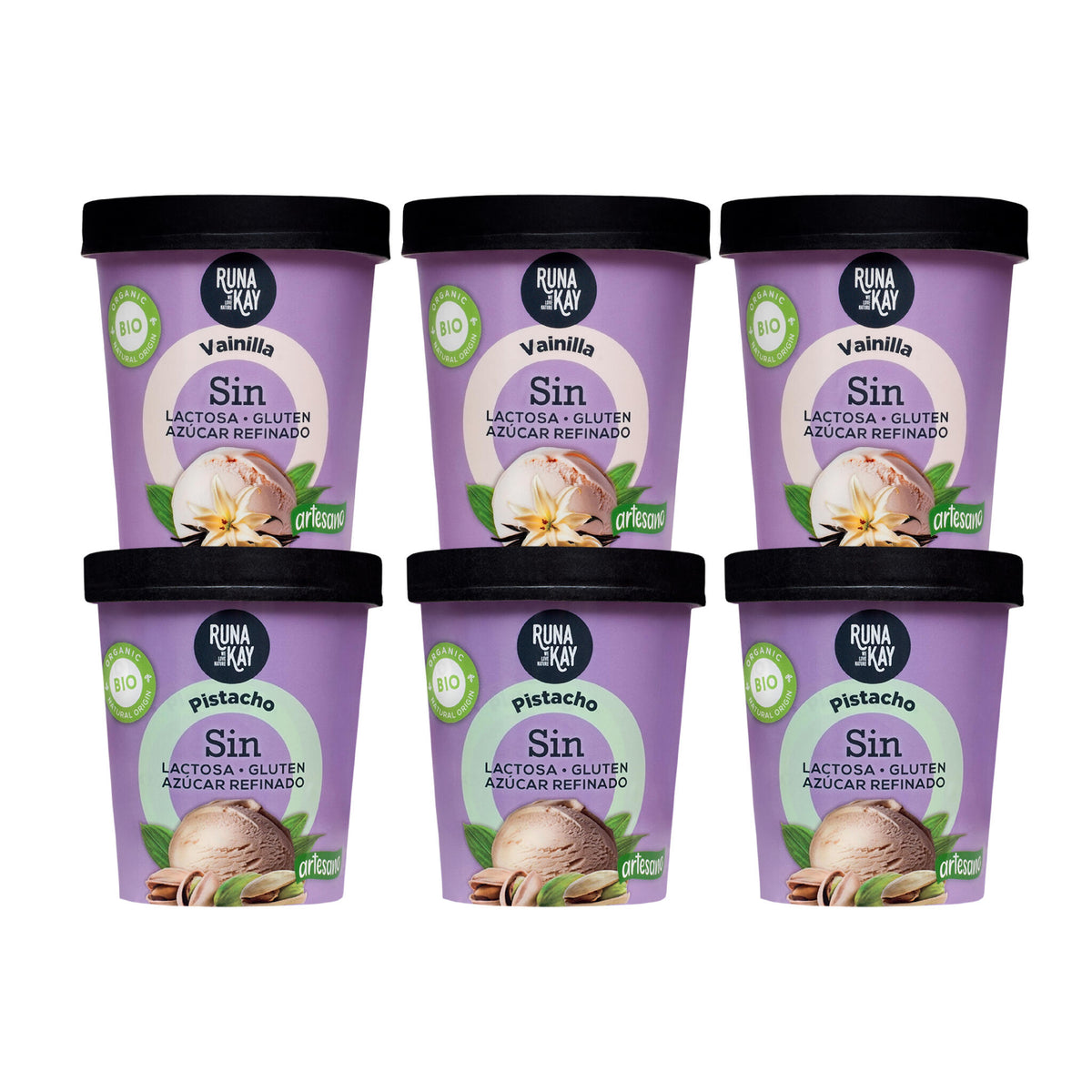 Pack Mix Helado Artesano Eco Sin Gluten Sin Lactosa Ni Azúcar Refinado Pistacho, Vainilla Runakay 6x460ml/400g_0