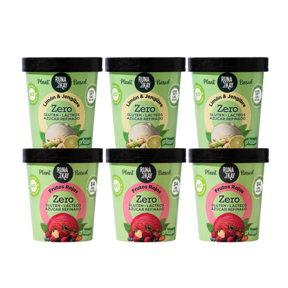 Pack Mix Helado Artesano Eco Sin Gluten Ni Azúcar Refinado De Limón &amp; Jengibre Frutos Rojos Runakay 6x460ml/400g_0