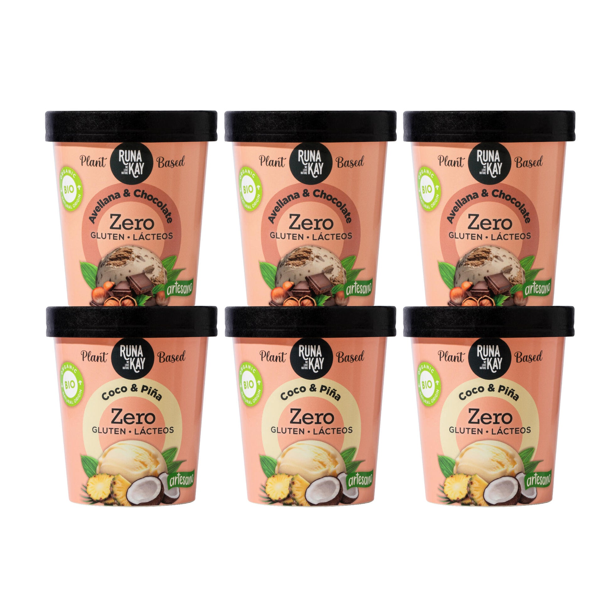 Pack Mix Helado Artesano Eco Sin Gluten Ni Lácteos Avellana&Choco Coco&Piña Runakay 6x460ml/400g_0