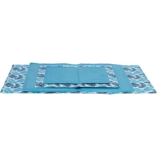 Alfombrilla refrigerante con estampado de hojas, 90 × 50 cm, azul claro