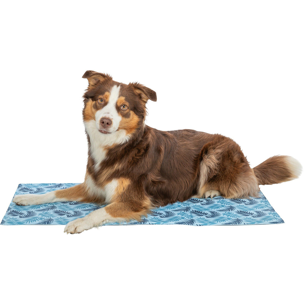 Alfombrilla refrigerante con estampado de hojas, 90 × 50 cm, azul claro