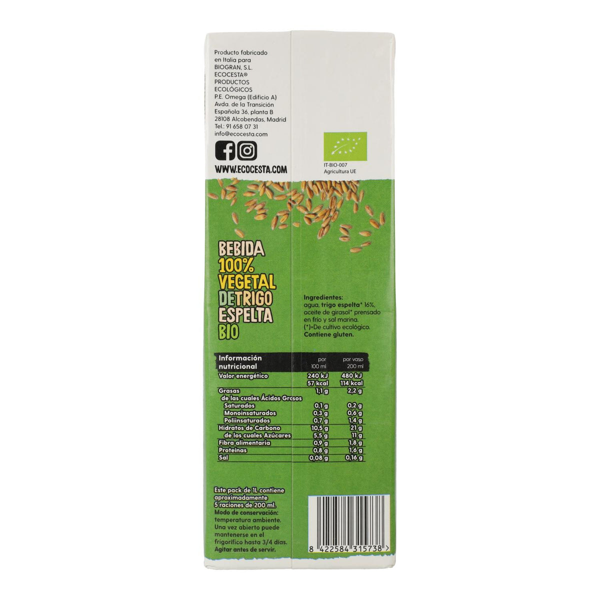 Bebida Vegetal De Trigo Espelta Bio Ecocesta 1L