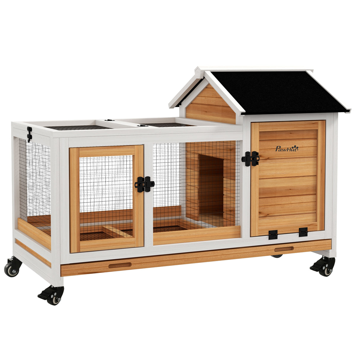 Pawhut Conejera De Madera Con Ruedas Techo Abatible 108x58x73,5 Cm Natural_0