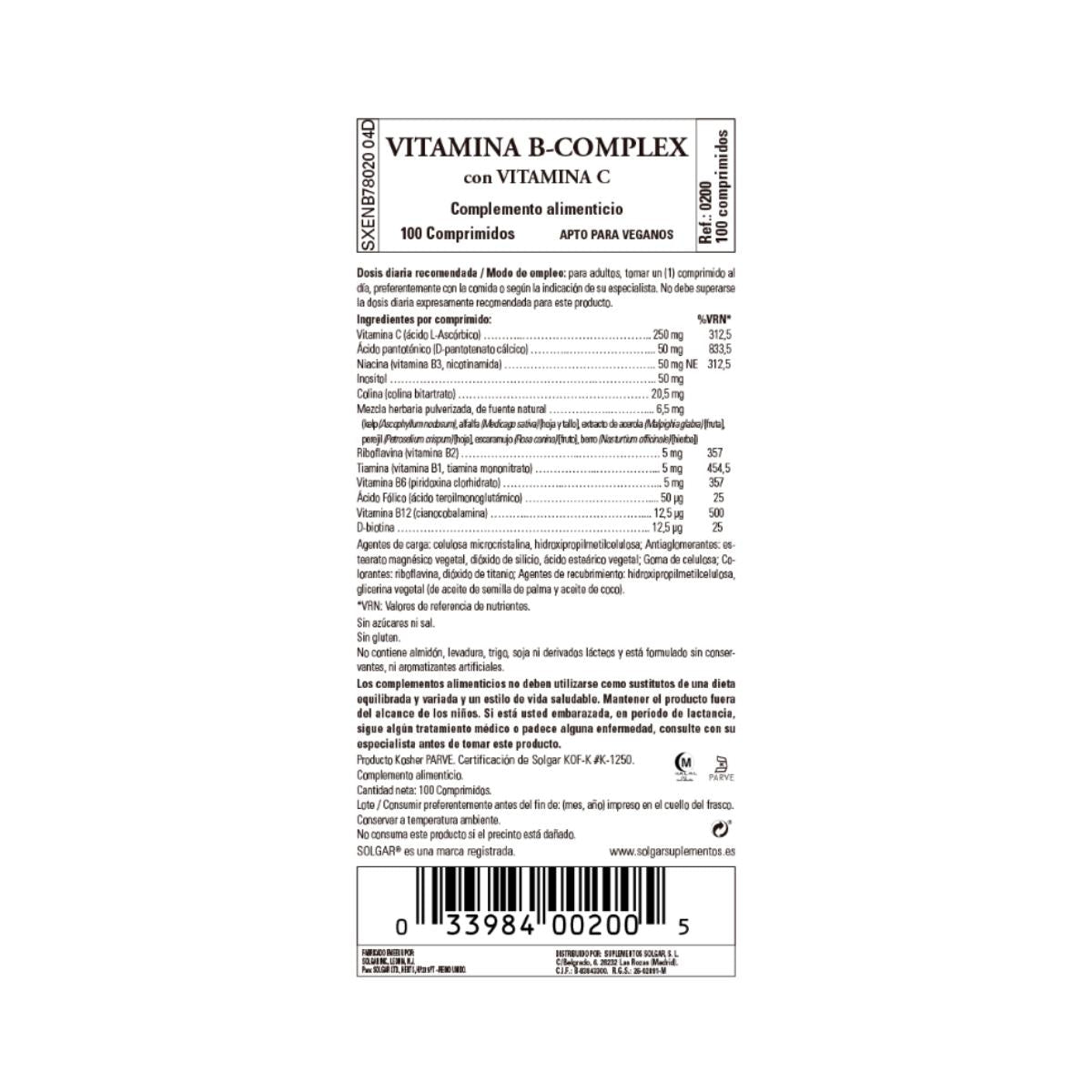 Vitamina B-Complex con Vitamina C Solgar 100 comprimidos