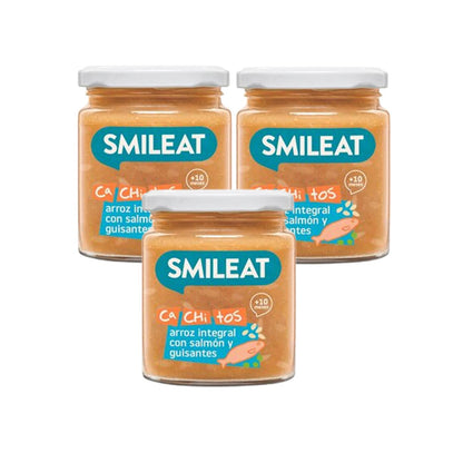 Pack 3x Tarrito de Arroz integral con Salmon y Guisantes ECO CA CHI TOS 230g, Smileat