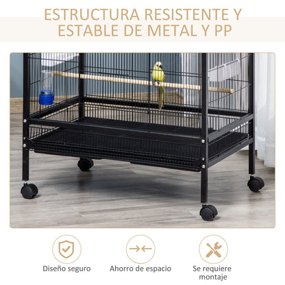 Pawhut Jaula Para Pájaros Con 4 Ruedas Con Comederos Y Bandeja 79x52x137cm Negro_5