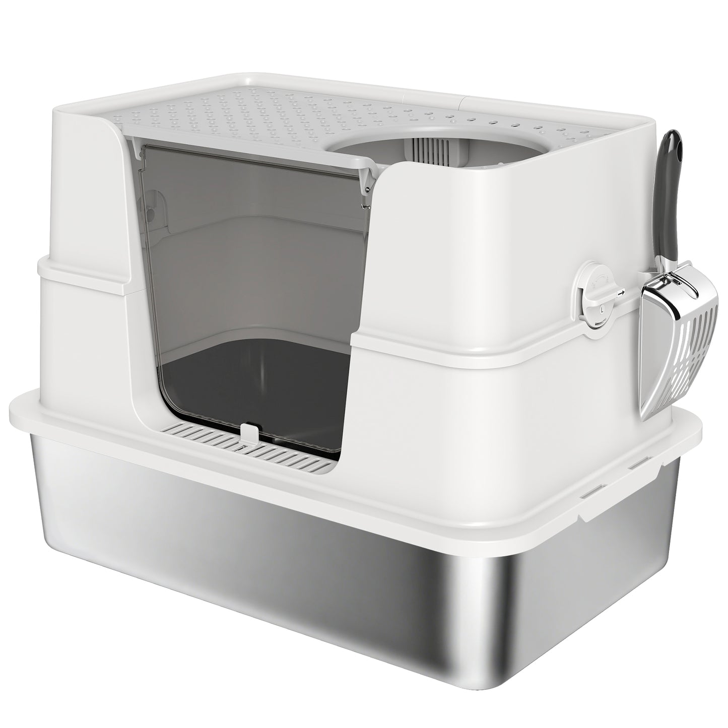 Pawhut Arenero Para Gatos De Acero Inoxidable Xl Con Tapa Abatible Gris Claro_0