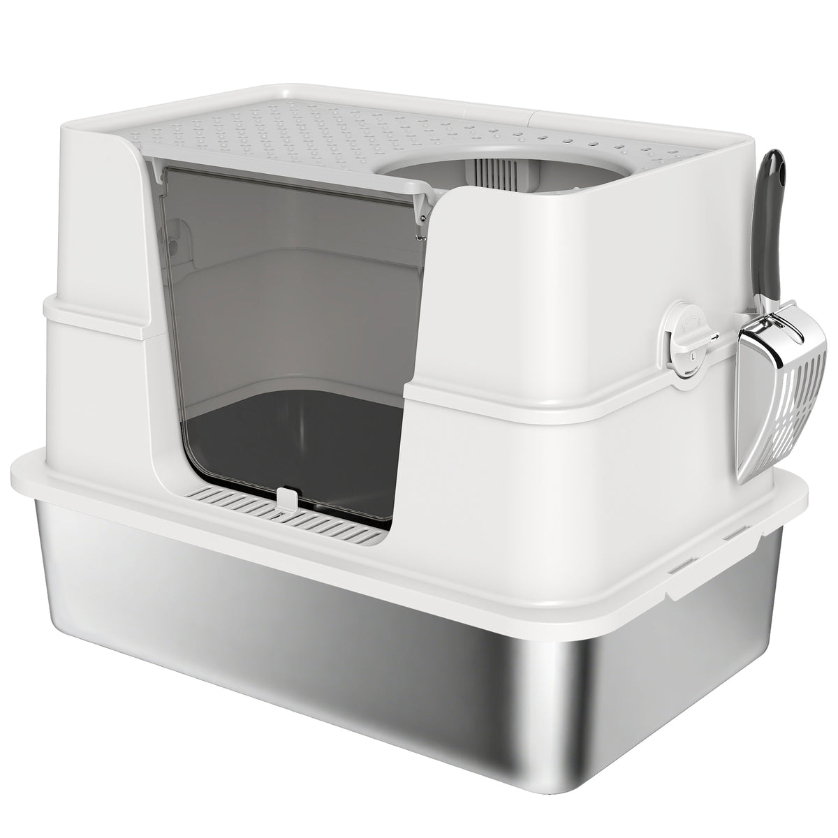 Pawhut Arenero Para Gatos De Acero Inoxidable Xl Con Tapa Abatible Gris Claro_0