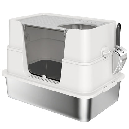 Pawhut Arenero Para Gatos De Acero Inoxidable Xl Con Tapa Abatible Gris Claro_0