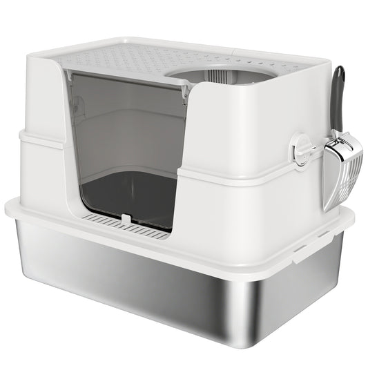 Pawhut Arenero Para Gatos De Acero Inoxidable Xl Con Tapa Abatible Gris Claro_0