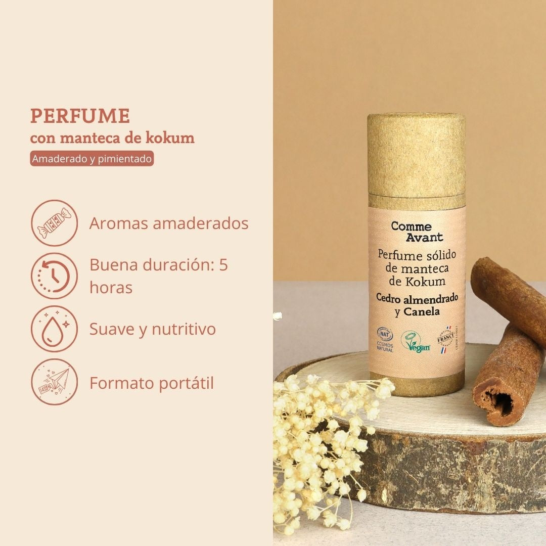 Perfume sólido amaderado y especiado con manteca de kokum Almizcle y Palo de Ho Comme Avant 20 ml